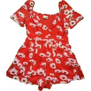 Urban Outfitters Women's Red Floral Chiffon Romper Size‎ M Summer Casual V-Neck